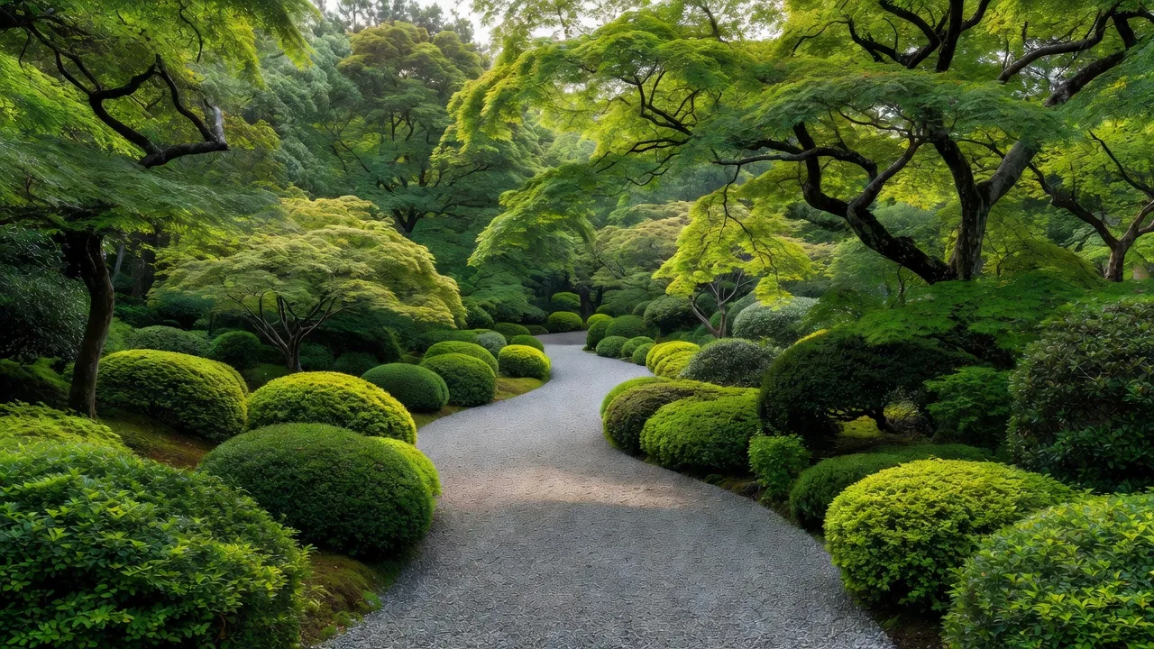 緑豊かな庭園の石畳アプローチ