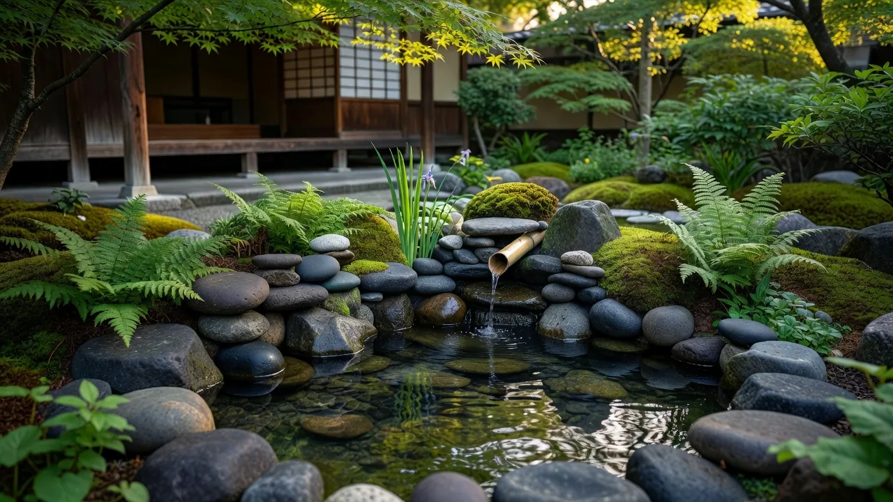 日本庭園の水景要素 — 石と苔の間を流れる清流