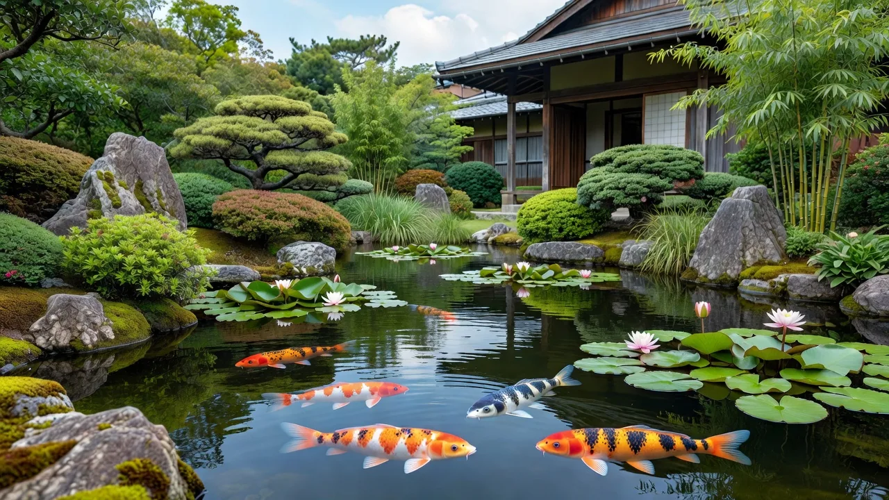 鯉池のある日本庭園