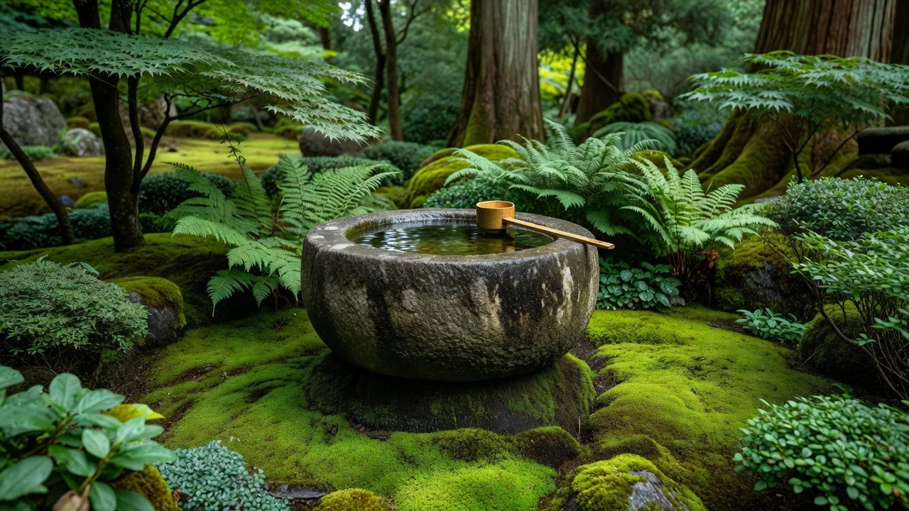 手水鉢（蹲踞）のある茶庭